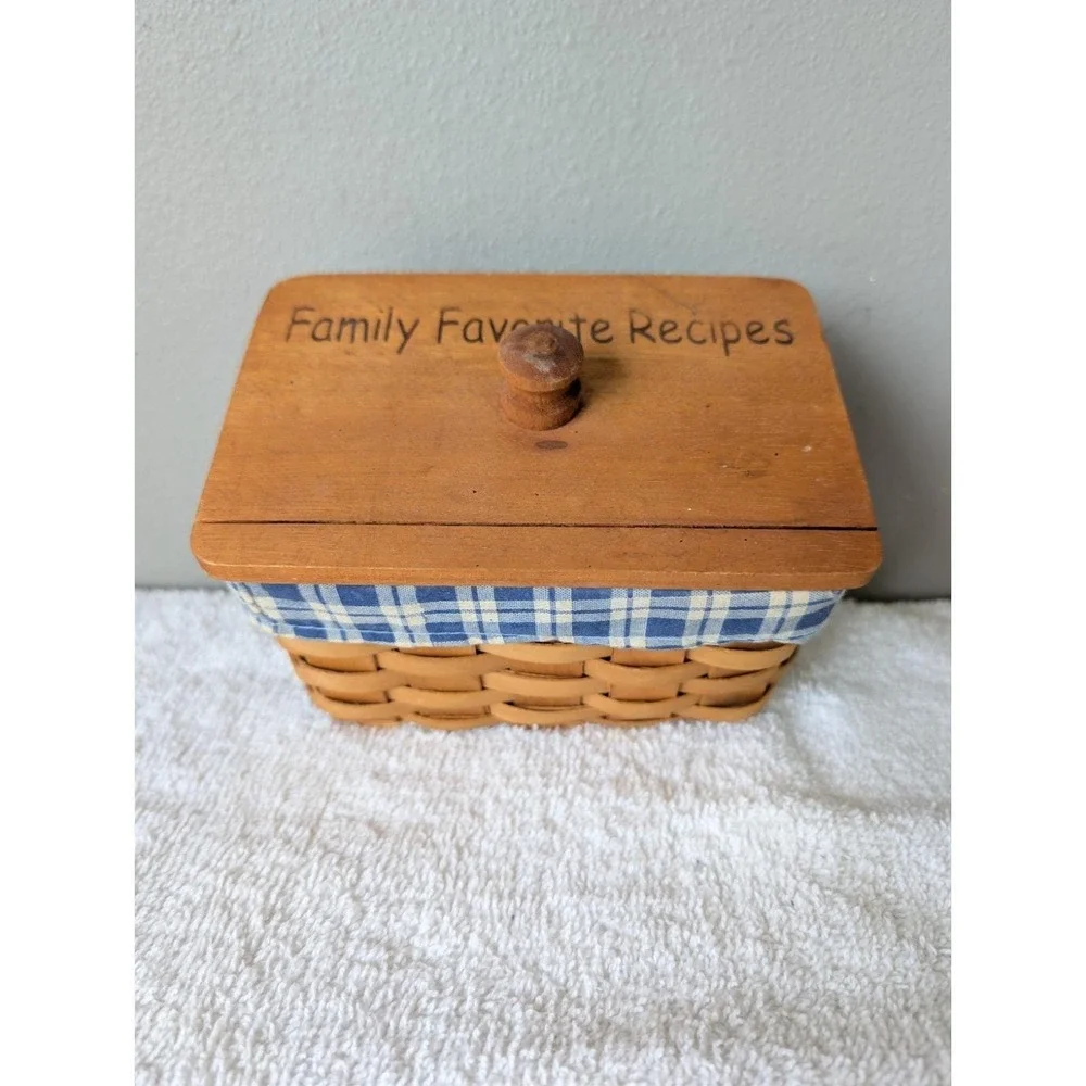 VTG Wooden Woven Favorite Recipe Basket Box Plaid Liner Cottage Core Farmhouse